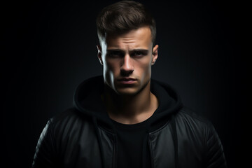 Fototapeta premium AI Generative brutal man on a dark background in a leather jacket, looking at the camera