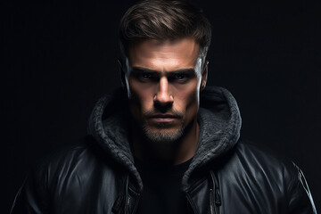 Obraz premium AI Generative brutal man on a dark background in a leather jacket, looking at the camera