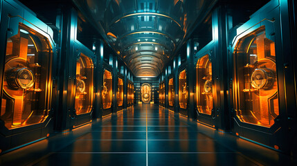 Rows of shiny vault doors, representing security and wealth storage - obrazy, fototapety, plakaty