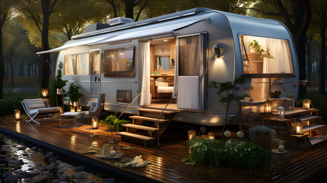 Luxury Living Mobile Home: Tranquil Forest Retreat with Ambient Lighting