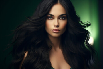Fototapeta premium ai generative, beautiful girl looks at the camera with long dark developing hair, on a dark background