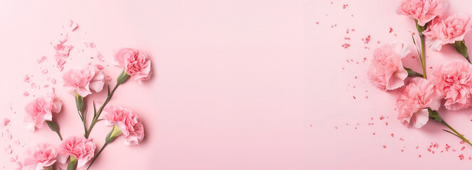 Creative Floral composition. Pink carnation flowers with confetti and petals on pastel background. Template for product presentation display. flat lay top view. copy text space banner