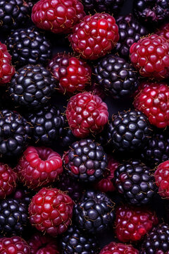 Generative AI illustration of top view of fruit background of closeup of blackberries