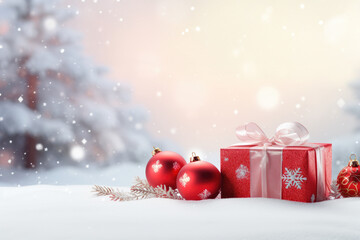 Fototapeta na wymiar Christmas holiday background with red gift and decorations on snow with fir branches on bokeh winter background, Merry Xmas concept, generative ai