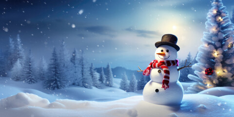 Fototapeta premium Merry Christmas and happy new year concept, Happy snowman standing in Christmas winter background, Copy space, generative ai