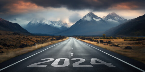 New year 2024, Concept photo written on the road in the middle of asphalt road at morning winter, A conceptual photo of the path leading to a bright future, generative ai - obrazy, fototapety, plakaty