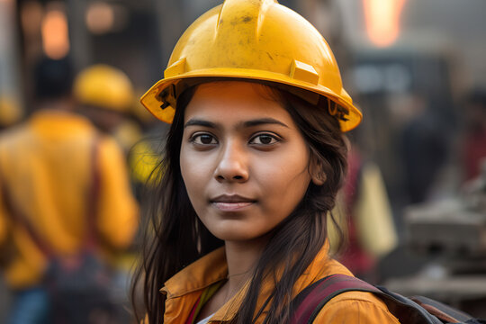 Generative AI illustration of ethnic worker woman in protective uniform and helmet looking at camera while standing against blurred background