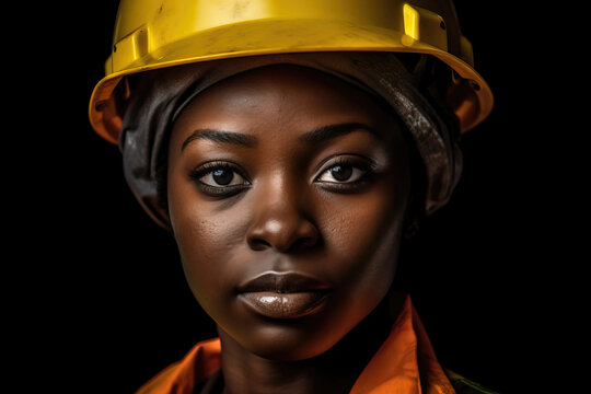Generative AI illustration of ethnic worker woman in protective uniform and helmet looking at camera while standing against dark blurred background