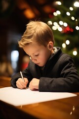 Boy writing a letter to Santa Claus . Generative AI