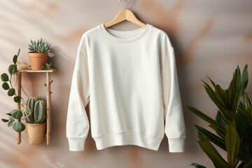white blank sweatshirt on hanger in boho style room, AI Generated