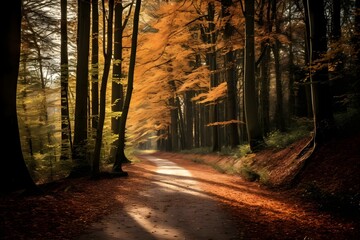 Obraz premium Ein einsamer Weg durch einen Wald in Herbstfarben