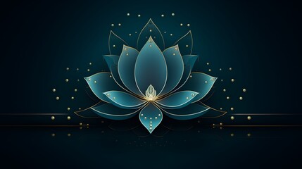 Beautiful lotus flower on dark blue background. Luxurious design with green emerald lotus and golden elements. - obrazy, fototapety, plakaty