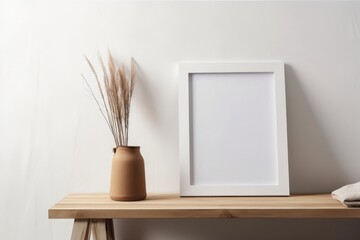 Vertical white picture frame mockup. Vintage wooden bench, table. Cup with dry grass on pile of books. White wall background. Scandinavian interior, neutral color palette. Generative AI