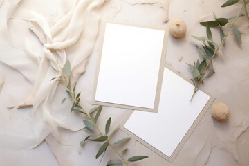 Fototapeta na wymiar Mediterranean wedding stationery. Set of greeting cards, invitations mock ups on beige marble background. Olive tree branches, silk ribbons with white, Generative AI