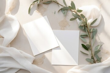Mediterranean wedding stationery. Set of greeting cards, invitations mock ups on beige marble background. Olive tree branches, silk ribbons with white, Generative AI - obrazy, fototapety, plakaty
