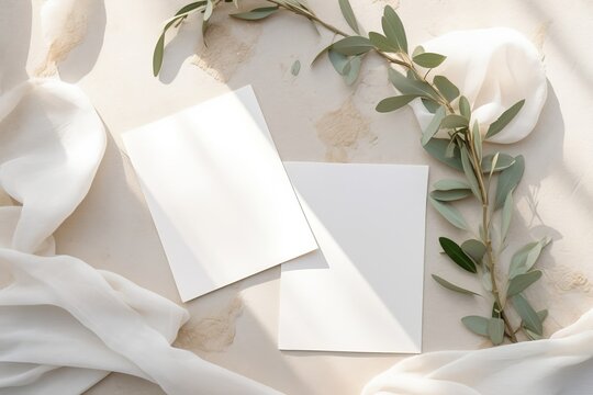 Mediterranean wedding stationery. Set of greeting cards, invitations mock ups on beige marble background. Olive tree branches, silk ribbons with white, Generative AI