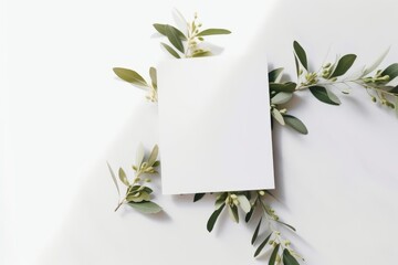 Blank greeting card, invitation mock-up scene with blooming green olive tree leaves, branch isolated on white table background in sunlight. Ligts and shadows. Summer Mediterranean lay, Generative AI - obrazy, fototapety, plakaty