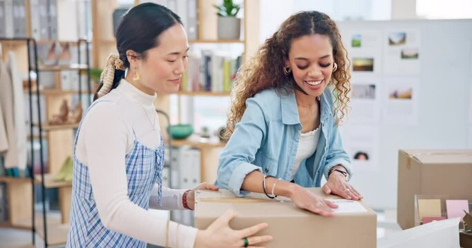 Small business, teamwork and a box for order packaging or logistics for fashion delivery in store. Young entrepreneur people or startup company partner for e commerce, parcel or brand sticker