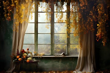 Herbstliche Fensteransicht mit fallenden Blättern