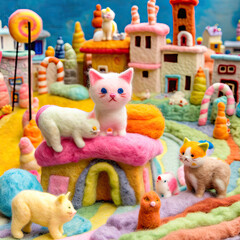 A Miniature Felted Cat Playground,Cute Felt Wool Animal Cat Doll Concept Scene