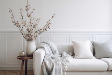Stylish living room with vase and blooming cherry plum tree branches. Springtime home decor. Elegant scandinavian interior with comfy sofa, linen cushions and blanket.  wall background, Generative AI