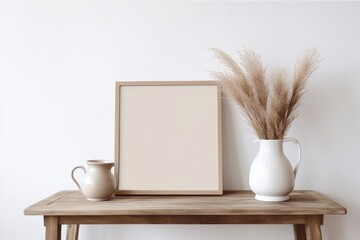 Ball shaped vase with dry grass bouquet. Old wooden bench. Blank vertical picture frame mockup with books and cup of coffee, tea. White wall background. Empty copy space. Neutral life, Generative AI