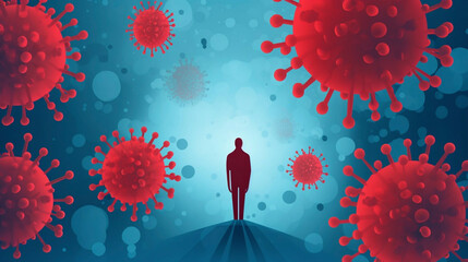 simple illustration, virus particles making people sick. People surrounded with pathogene virus particles. Illness, pandemic. Danger.