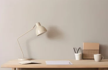 Foto op Canvas Wooden desk with lamp, books and cup holder for pencils. Note pad mockups taped on wall. Neutral stylish minimal workspace. Beige background, empty copy space. Home office concept, Generative AI © Image Alchemy