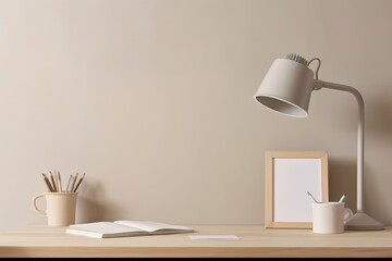 Wooden desk with lamp, books and cup holder for pencils. Note pad mockups taped on wall. Neutral stylish minimal workspace. Beige background, empty copy space. Home office concept, Generative AI - obrazy, fototapety, plakaty