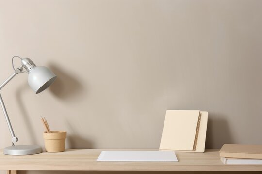 Wooden desk with lamp, books and cup holder for pencils. Note pad mockups taped on wall. Neutral stylish minimal workspace. Beige background, empty copy space. Home office concept, Generative AI