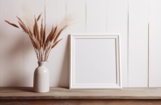 Elegant home interior decor still life photo. Vase with dry reed, grass on old wooden bench. Blank white picture frame mockup. Wall moulding background, trim decor. Empty copy space. Generative AI