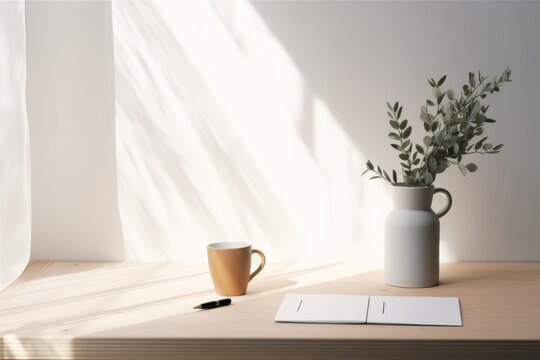 Breakfast still life. Cup of coffee, books on wooden desk, table. Empty notepads and posters mockups taped on white wall.Vase with olive branches. Elegant Scandinavian working space, Generative AI
