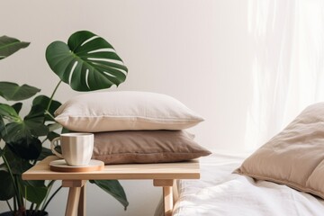 Trendy Scandinavian interior still life. Velvet and linen cushions on vintage wooden bench, table. Cup of coffee on pile of books and monstera potted plant. White wall background. Generative AI