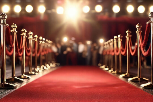 Red carpet rolling out in front of glamorous movie premiere background.Generative AI