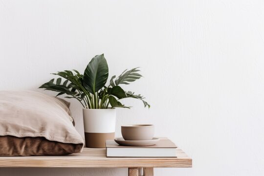 Trendy Scandinavian interior still life. Velvet and linen cushions on vintage wooden bench, table. Cup of coffee on pile of books and monstera potted plant. White wall background. Generative AI