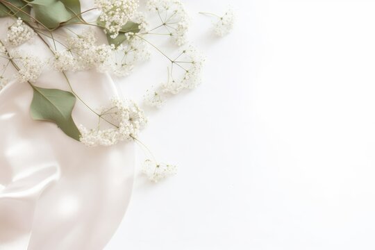 Styled stock photo. Feminine wedding desktop mockup with baby's breath Gypsophila flowers, dry green eucalyptus leaves, satin ribbon and white background. Empty space. Top view. Generative AI