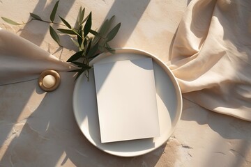 Summer branding, wedding stationery. Blank greeting card, invitation mock up on plate. Beige marble background. Olive tree branches, fruit with silk ribbon in sunlight, long shadows. Generative AI