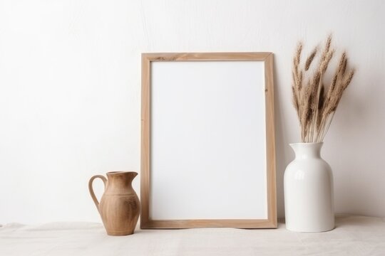 Portrait picture frame mockup. Wooden chopping boards and vase with dry lagurus grass. Beige linen tablecloth. White wall background. Scandinavian interior still life. Home design. Art, Generative AI