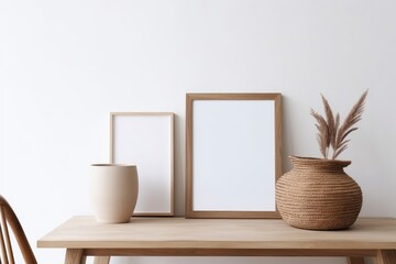 Obraz premium Empty picture frame mockup in boho modern minimalist interior. Wooden table, blurred rattan chair. Textured vase. Cup of coffee. White wall background. Vertical template of artwork, Generative AI