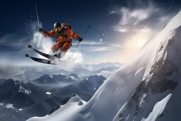Skifahrer auf einem Schneebedeckten Berg - obrazy, fototapety, plakaty