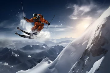 Fotobehang Skifahrer auf einem Schneebedeckten Berg © kashiStock