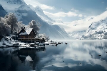 Fototapeta premium Ein schneebedecktes Haus am See