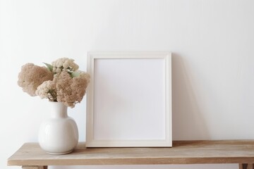 Neutral artistic still life. Blank picture frame mockup on old wooden bench in sunlight. Dry hydrangea flowers in textured vase. White wall background. Empty copyspace. Elegant boho, Generative AI