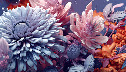 Fototapeta premium A Dreamlike Garden of Purple Flowers,Dreamy Conceptual Botanical Flower Art, 3D Rendering