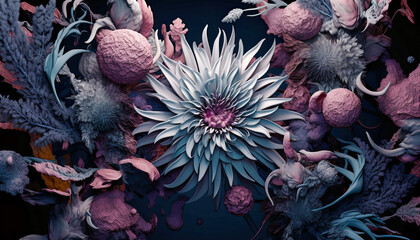 A Dreamlike Garden of Purple Flowers,Dreamy Conceptual Botanical Flower Art, 3D Rendering