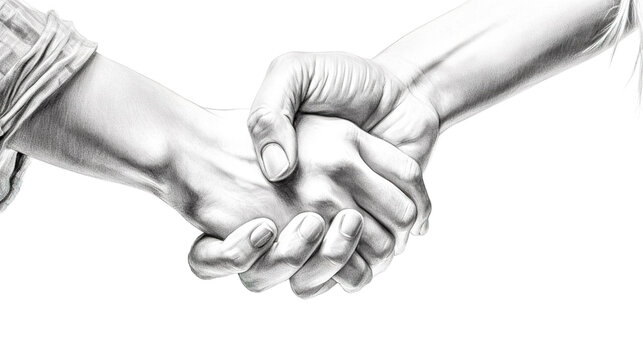 a handshake as a greeting or to conclude an agreement, picture drawn with a pencil on white paper