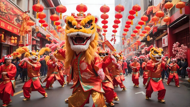 A colorful Chinese lion dance troupe weaving through a bustling city street, Happy Chinese New Year.
