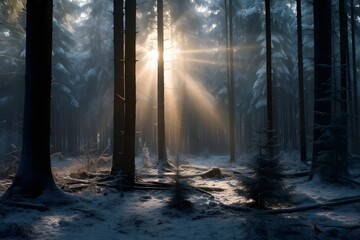 Winterwald in kaltem Sonnenlicht