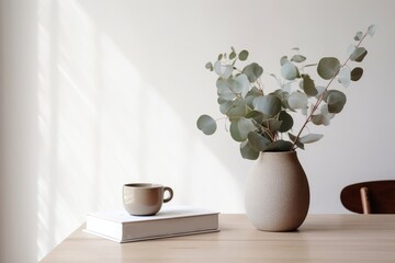 Silver green eucalyptus tree branches in beige textured vase. Brown cup of coffee, tea and old books on wooden table. White wall background. Minimalistic Scandinavian interior room, Generative AI