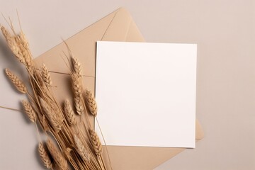 Fall wedding, birthday stationery composition. Blank greeting card, invitation mockup with brown envelope. Dry grass, festuca plant on Beige table background. Autumn flat lay, top view, Generative AI